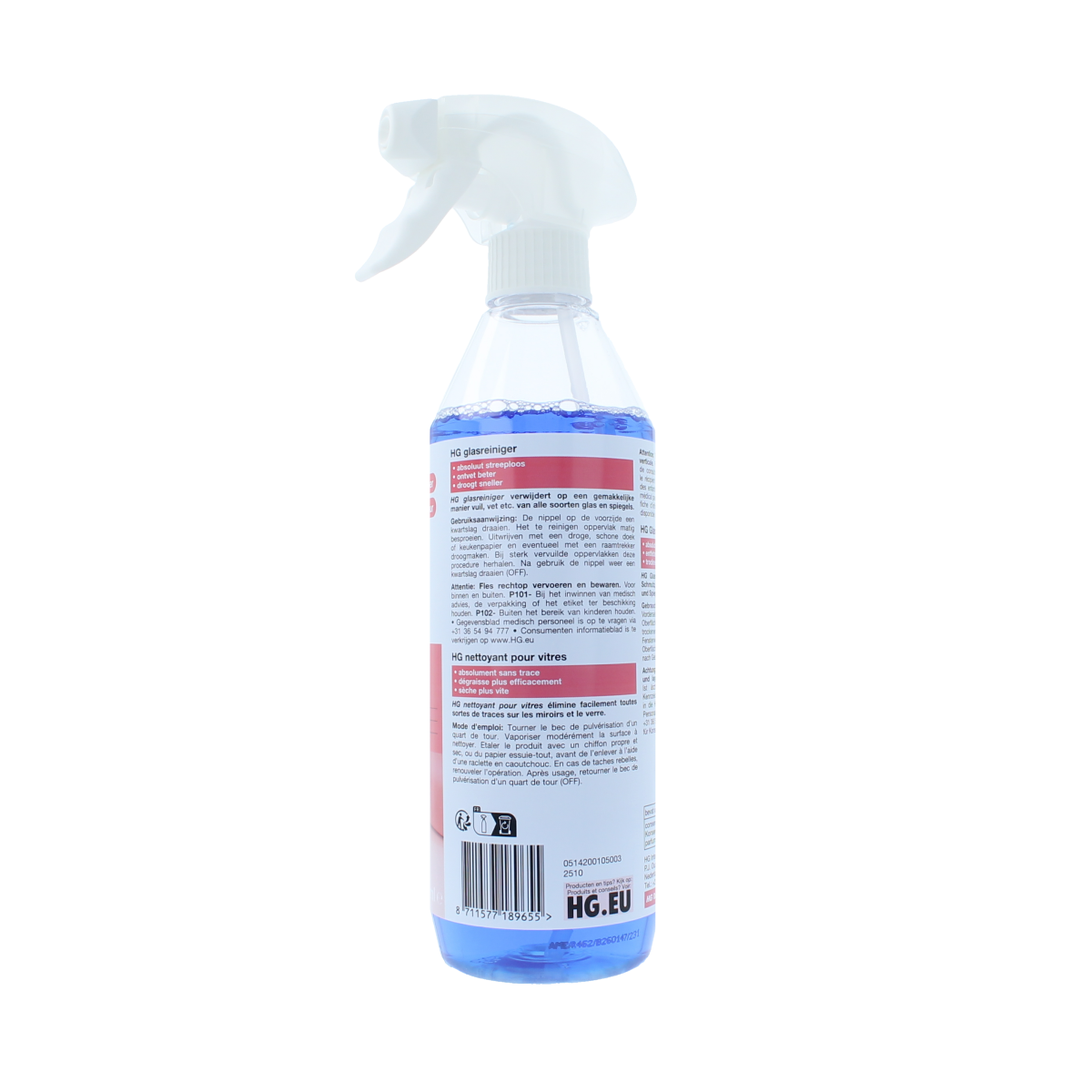 HG Glasreiniger 500ml spray bottle for cleaning windows and glass surfaces, featuring a clear liquid inside a transparent bottle.