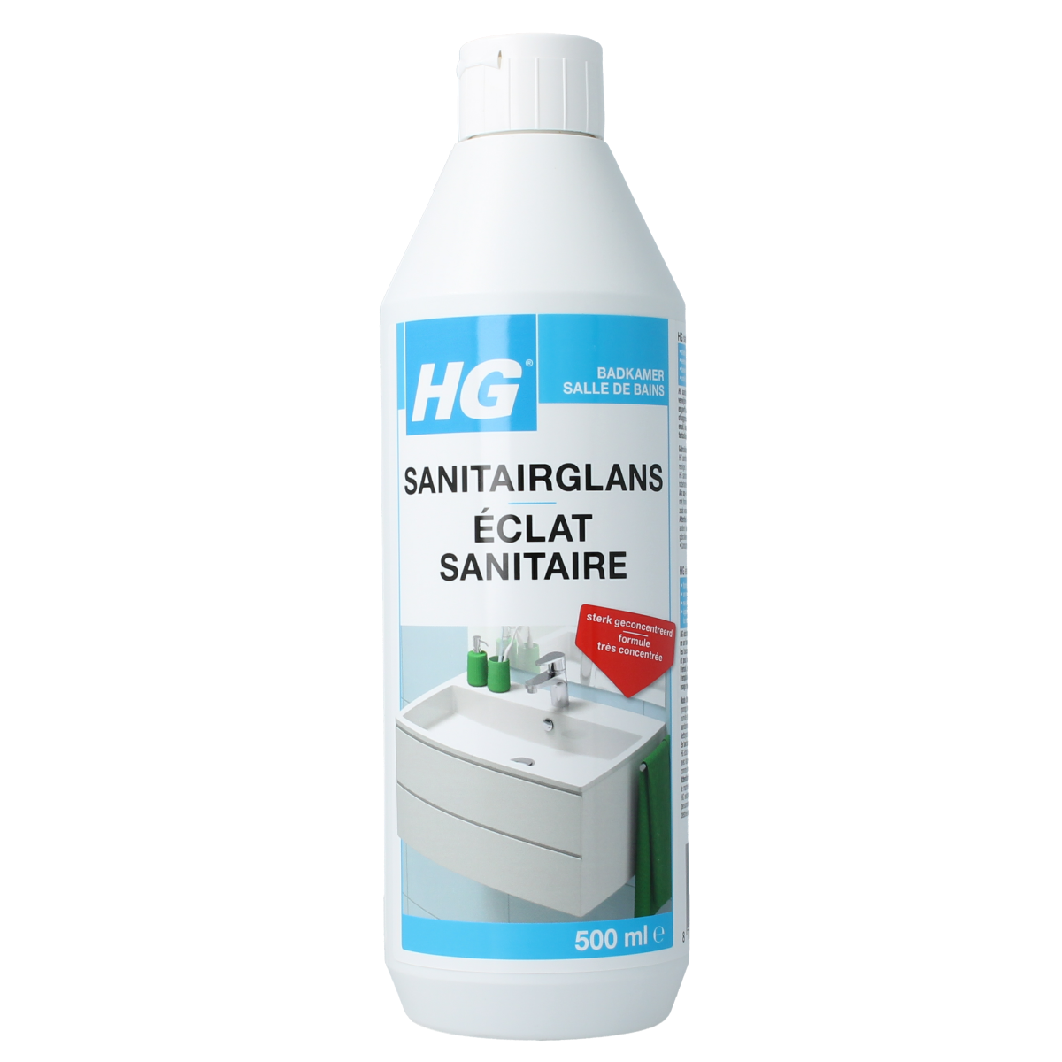 HG Sanitairglans 500ml bottle of bathroom cleaner with a white and blue label, designed for cleaning and shining bathroom surfaces.