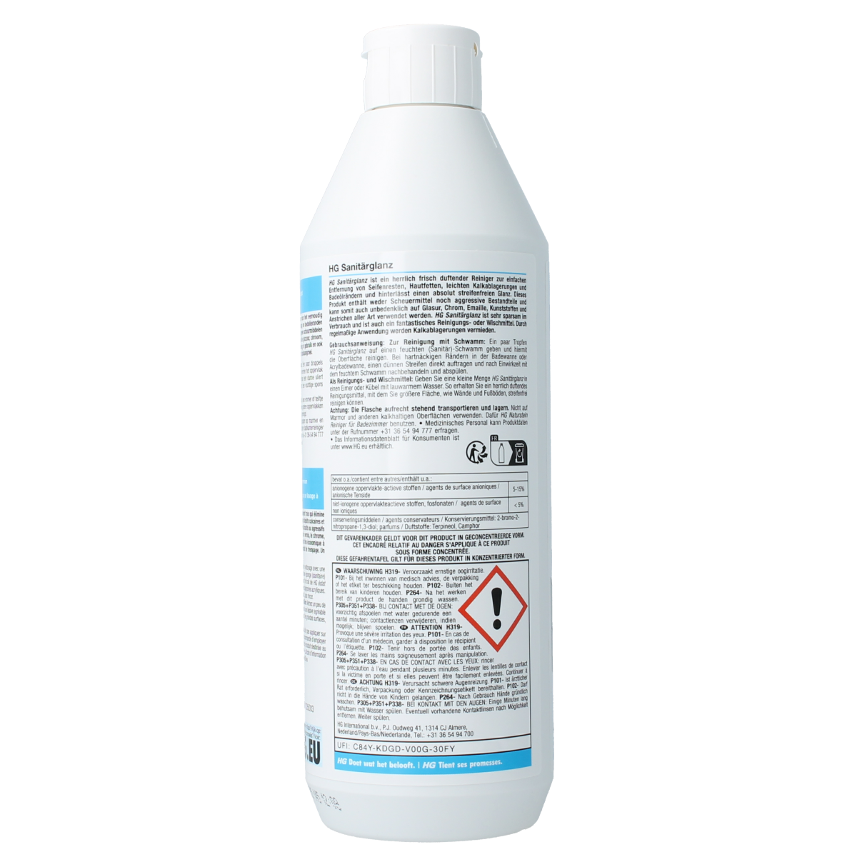 HG Sanitairglans 500ml bottle of bathroom cleaner with spray nozzle, designed for cleaning and shining bathroom surfaces.