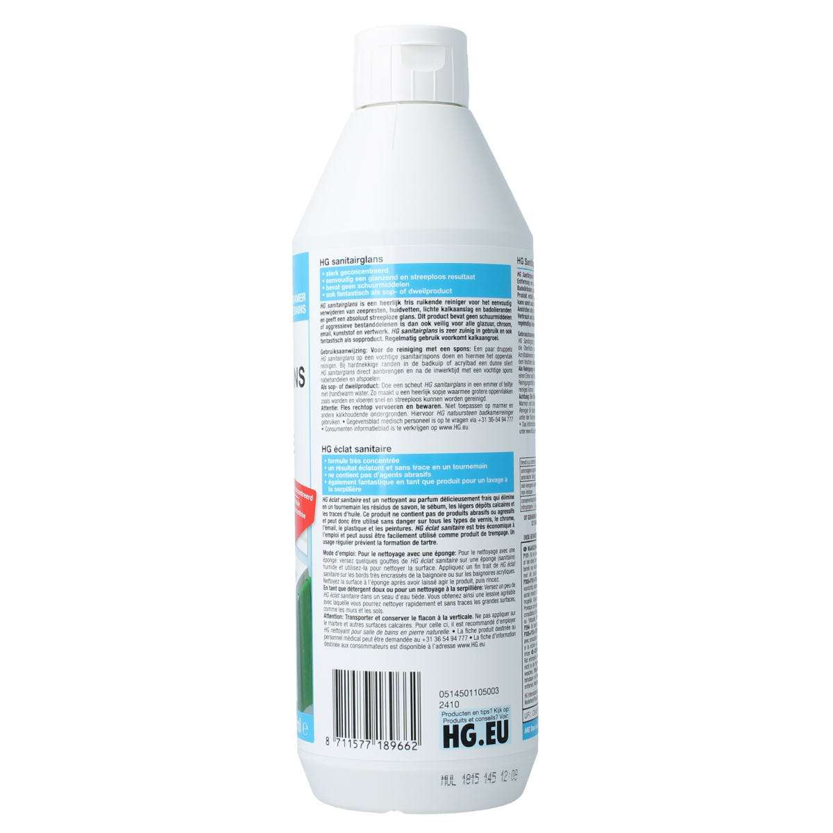 HG Sanitairglans 500ml cleaning spray bottle for bathroom and toilet surfaces, with a sleek white and blue label.