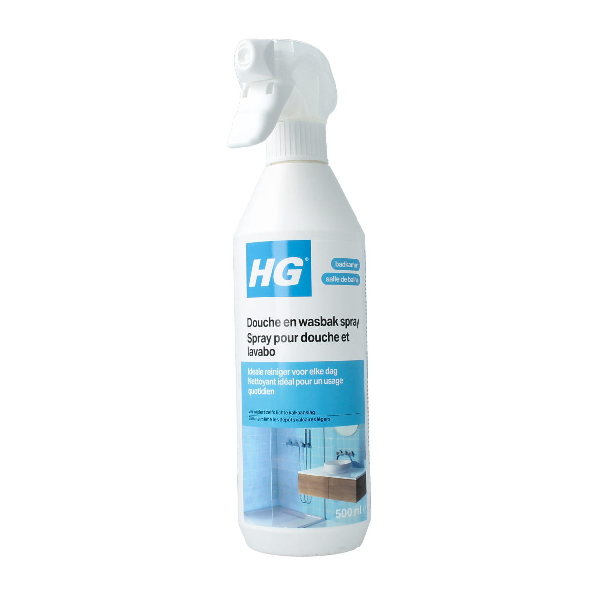 HG Douche en wastafel reiniger bottle with label, 500ml, a cleaning spray for bathroom showers and sinks.