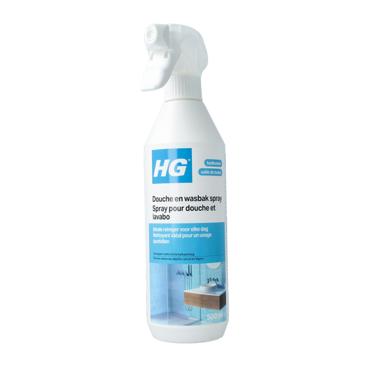 HG Douche en wastafel reiniger bottle with label, 500ml, a cleaning spray for bathroom showers and sinks.