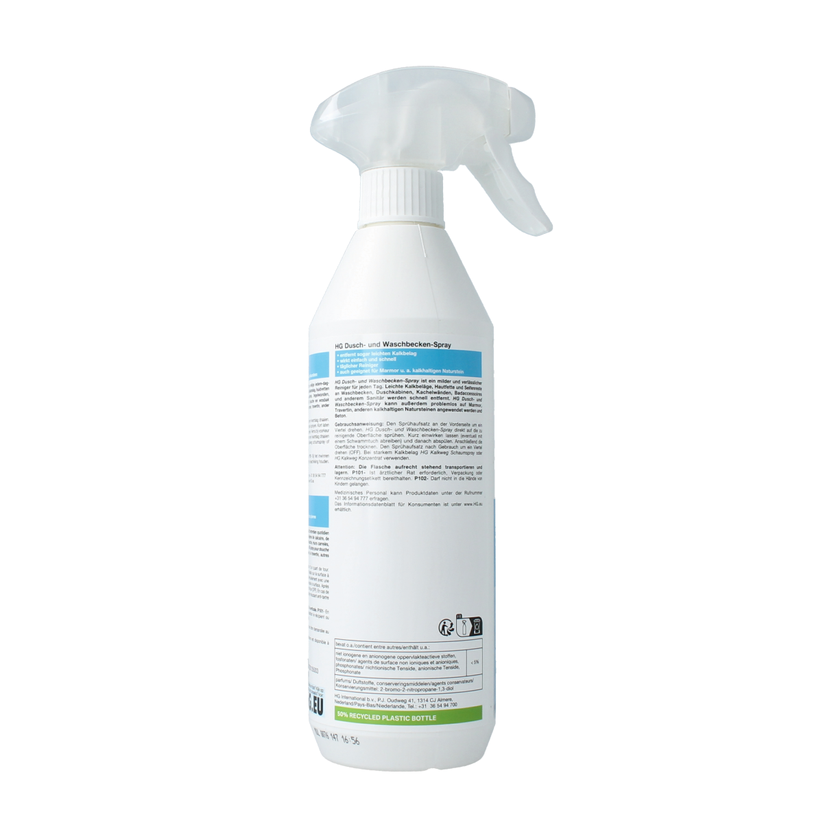 HG douche en wasbak reiniger 500ml bottle, bathroom and sink cleaner with spray nozzle for cleaning and freshening surfaces.