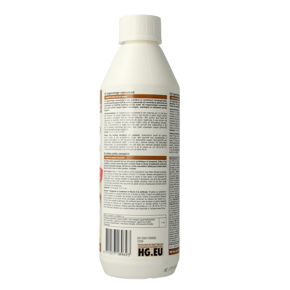 HG Voegenreiniger concentraat in 500ml bottle, effective grout cleaner for tiles and joints in bathroom and kitchen.