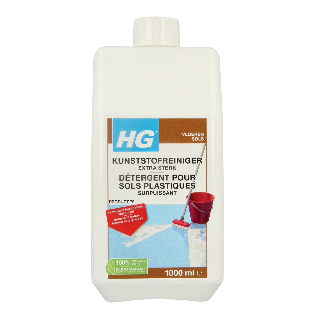 HG Kunststofreiniger 1.00 liter bottle for cleaning plastic surfaces, shown in the image with a clear label and blue cap.