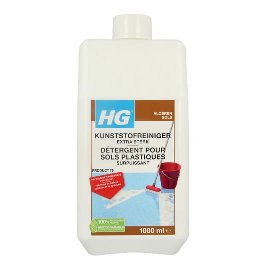 HG Kunststofreiniger 1.00 liter bottle for cleaning plastic surfaces, shown in the image with a clear label and blue cap.