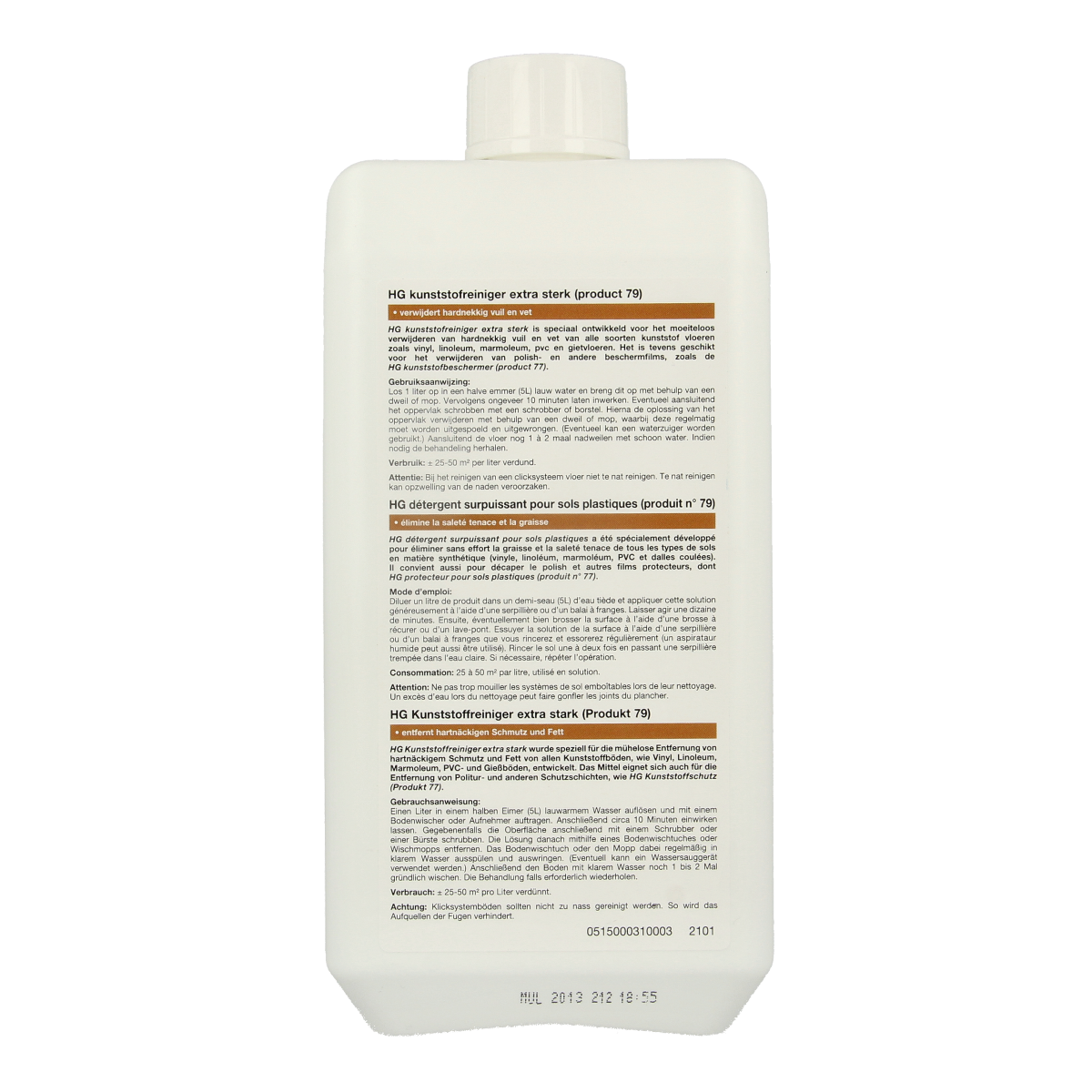 HG Kunststofreiniger 1 liter bottle for cleaning plastic surfaces, part of HG schoonmaakartikelen product line.