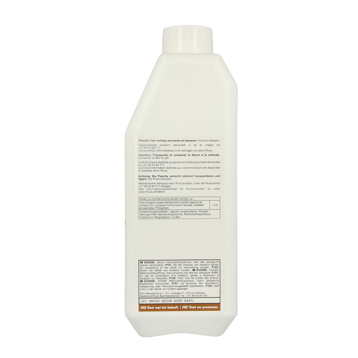 HG Kunststofreiniger 1 liter bottle for cleaning plastic surfaces, part of HG schoonmaakartikelen assortiment.