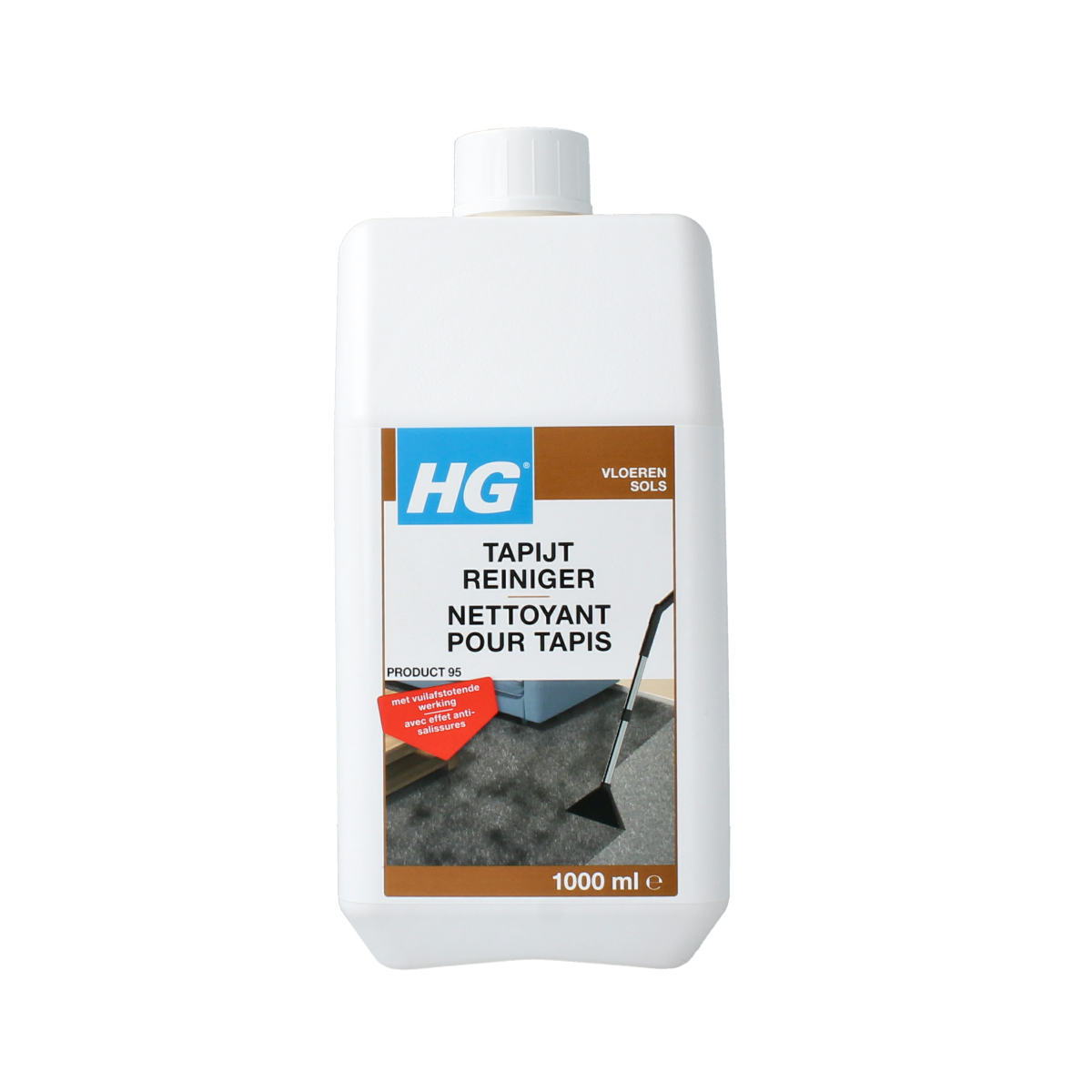 HG Tapijtreiniger in een 1-liter fles, geschikt voor schoonmaakartikelen, met een heldere label en spuitkop voor tapijtreiniging