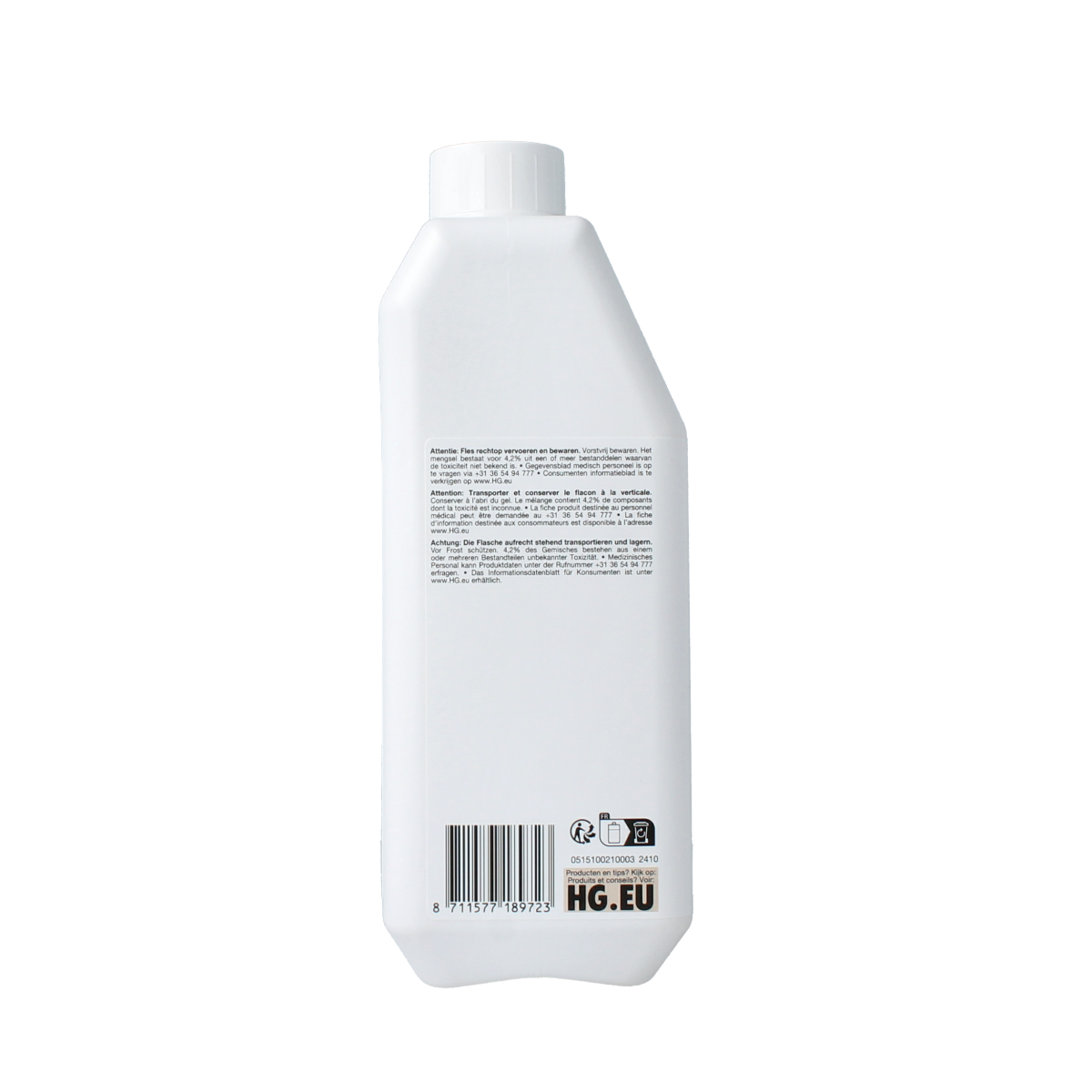 HG Tapijtreiniger 1.00 liter bottle for carpet cleaning, showing the cleaning solution in a clear plastic container.