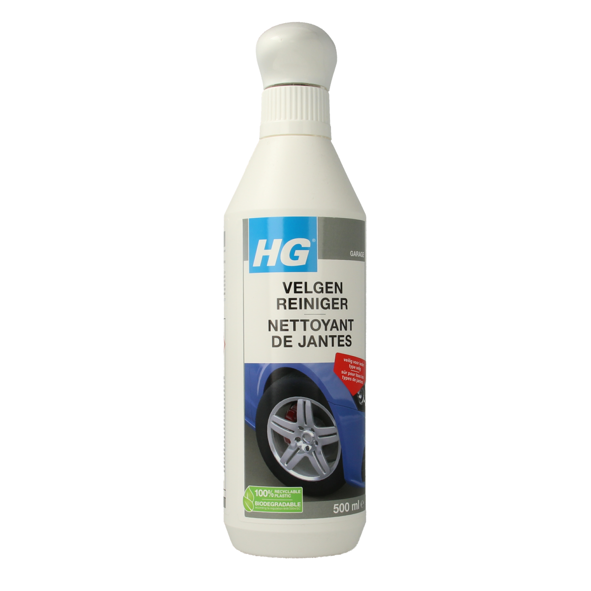 HG Velgen reiniger 500ml car wheel cleaner spray showing a bottle with label and spray nozzle for cleaning alloy wheels.