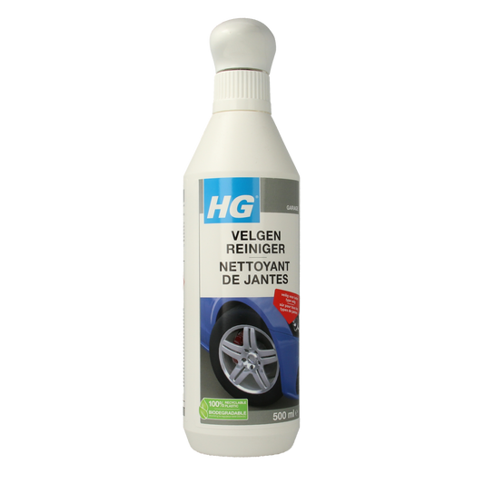 HG Velgen reiniger 500ml car wheel cleaner spray showing a bottle with label and spray nozzle for cleaning alloy wheels.