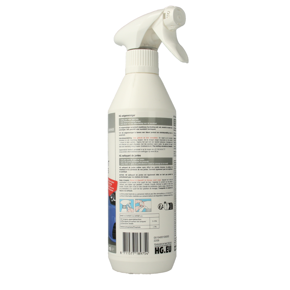 HG Velgen reiniger 500 ml bottle for cleaning alloy wheels, with spray nozzle and clear labeling on the container.
