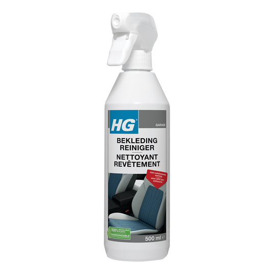 HG Bekledingreiniger 500ml cleaning spray for upholstery and fabric surfaces, shown in the image.