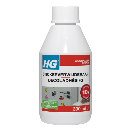 HG Stickerverwijderaar in 300ml bottle, a cleaning product designed for removing stickers and adhesive residues.