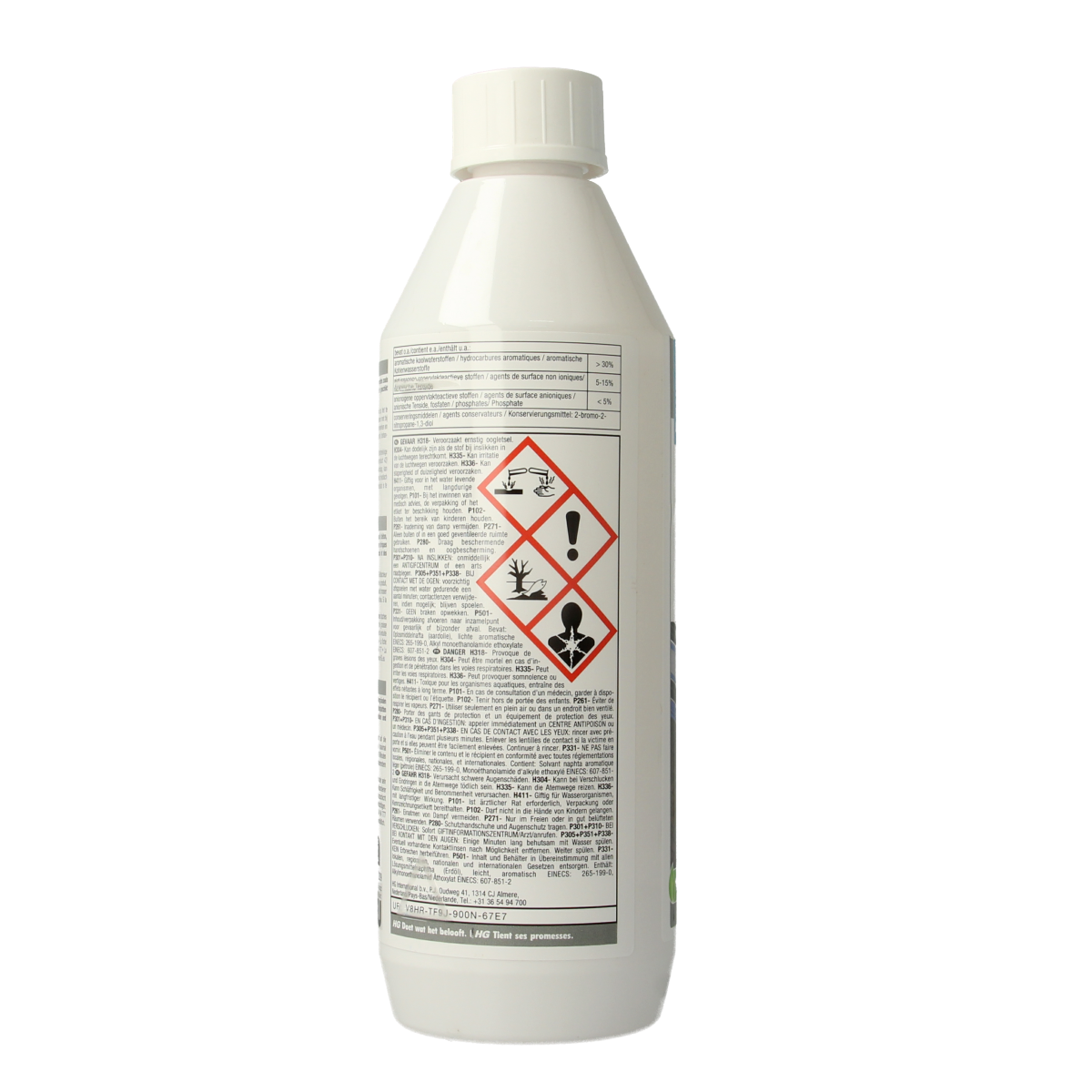 HG Olievlekken reiniger 500ml bottle for removing oil stains, shown in a clear plastic container with label on a white background.