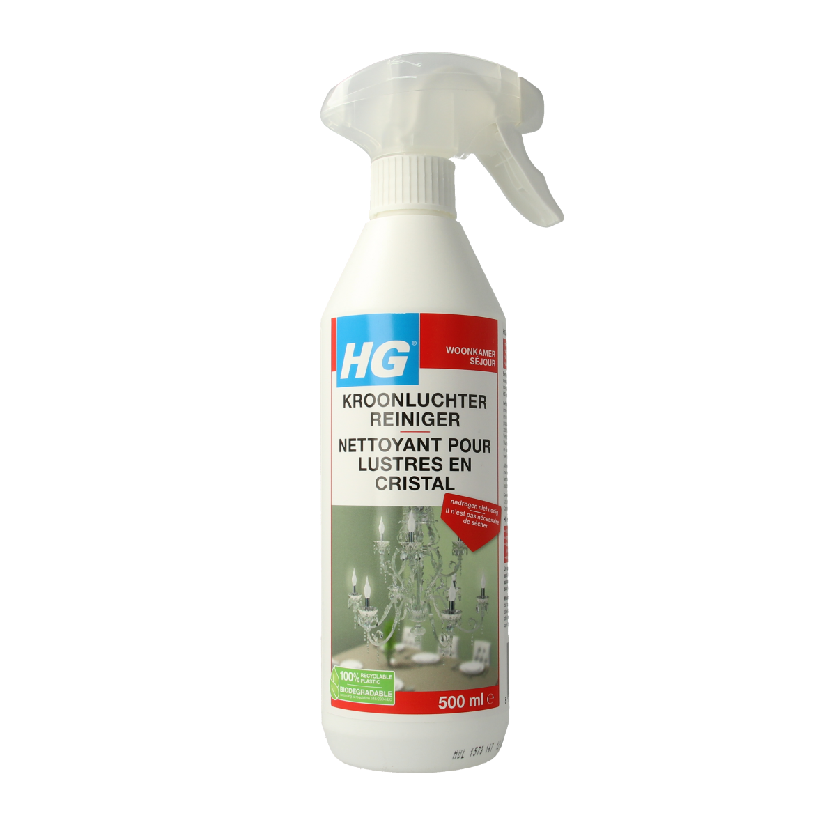 HG Kroonluchter reiniger bottle, 500ml, a cleaning product for chandeliers with a clear label and cap, designed for safe chandelier cleaning.