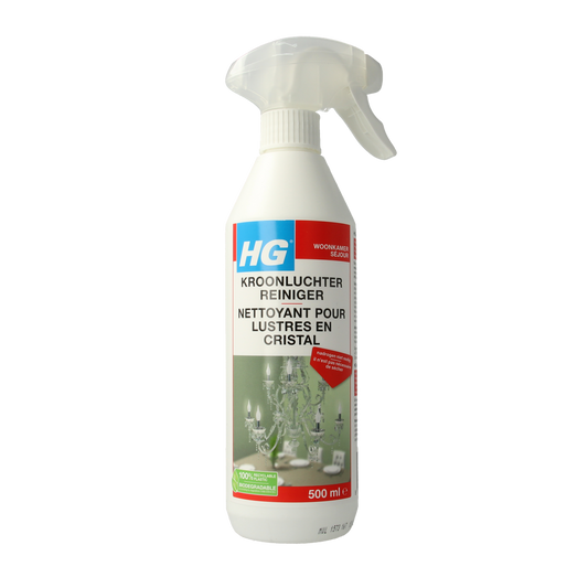 HG Kroonluchter reiniger bottle, 500ml, a cleaning product for chandeliers with a clear label and cap, designed for safe chandelier cleaning.