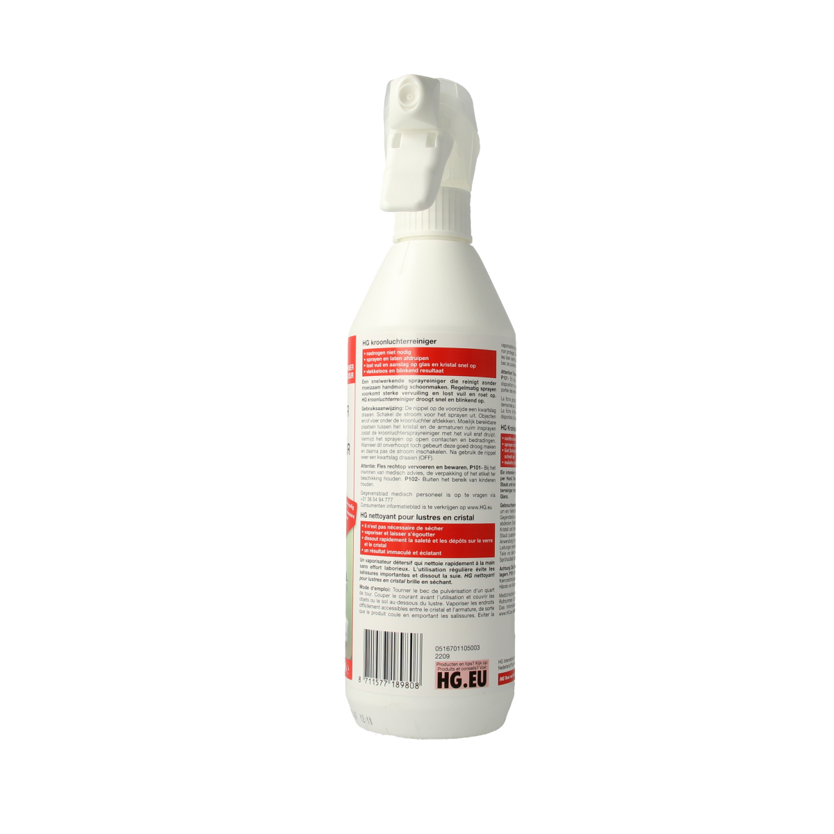 HG Kroonluchter reiniger bottle, 500ml, a cleaning product for chandeliers, showing the HG brand label and clear liquid inside.