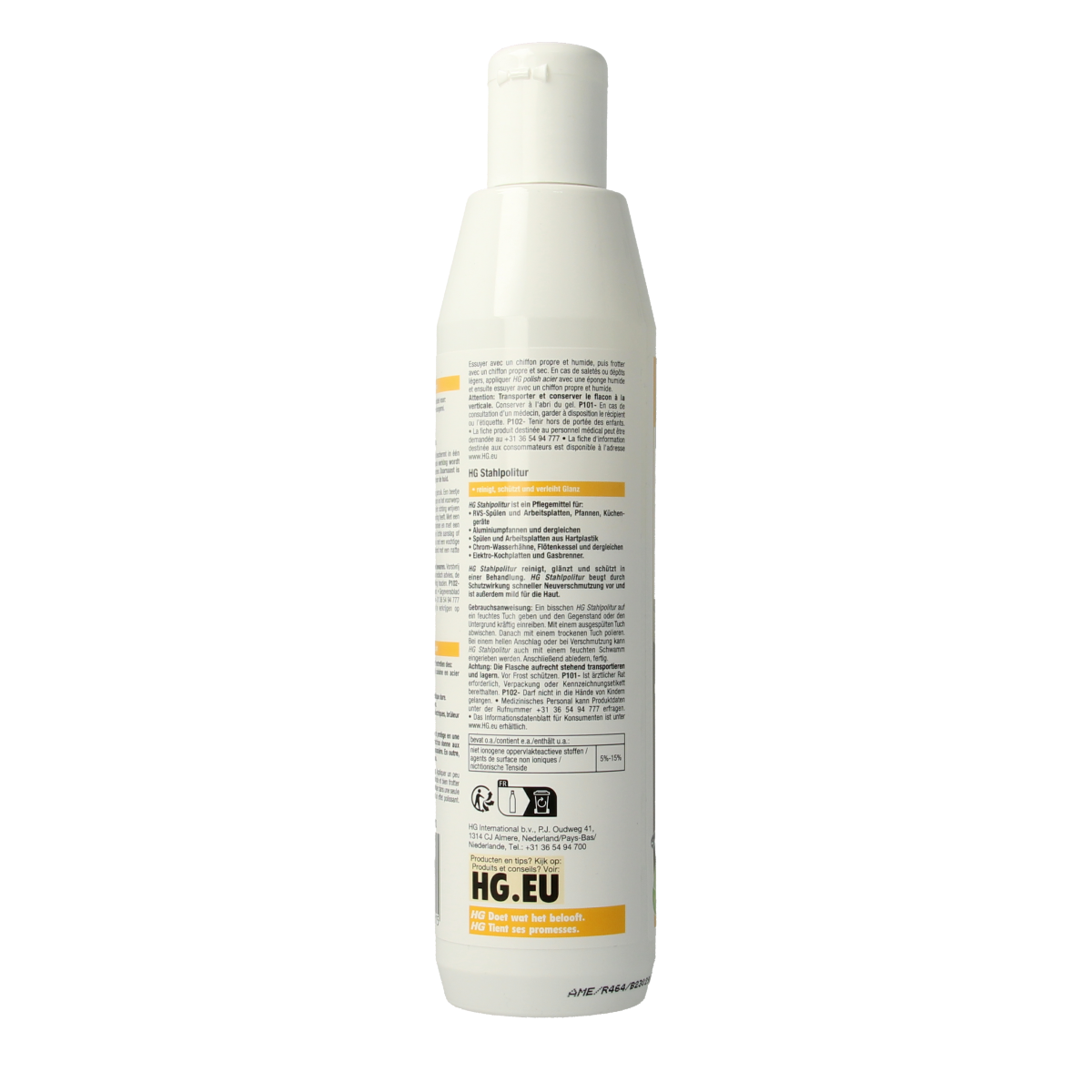 HG Staalpolish 250ml bottle for cleaning and polishing stainless steel surfaces, shown with the product label visible.