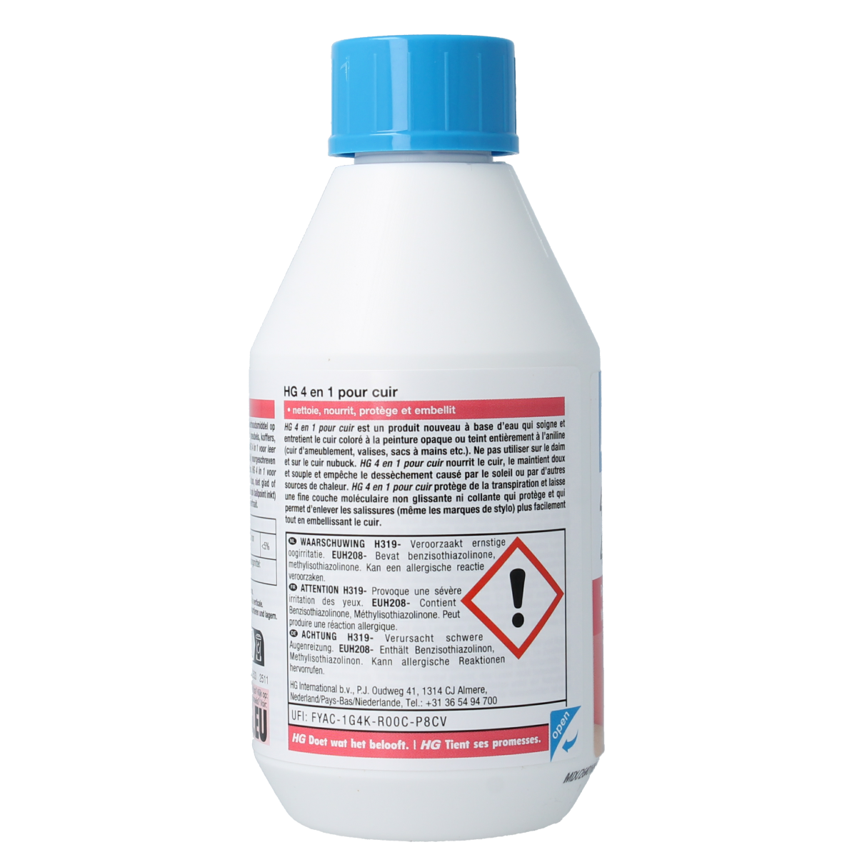 HG 4-in-1 leather cleaner in a 250ml bottle, part of HG's shoe cleaning products collection, with a spray nozzle and label.