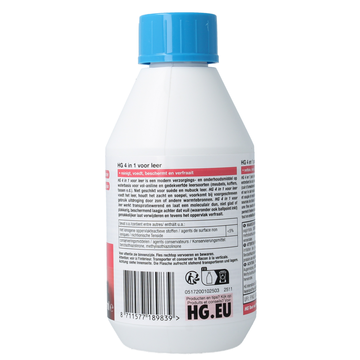 HG 4-in-1 leather cleaner bottle, 250ml, in a clear container with a white cap, designed for multi-purpose leather cleaning.