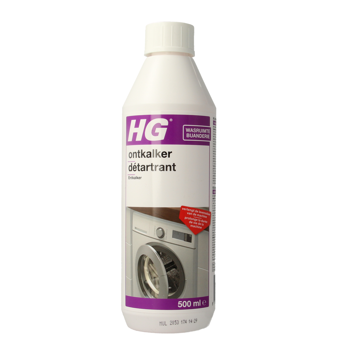 HG Ontkalker 500ml bottle of descaling cleaner for household appliances, with a clear label and cap on a white background.