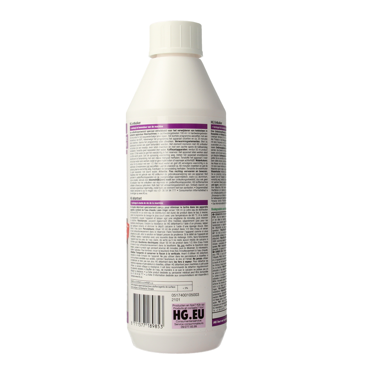 HG Ontkalker cleaning product in a 500ml bottle, used for removing limescale and mineral deposits from household appliances.