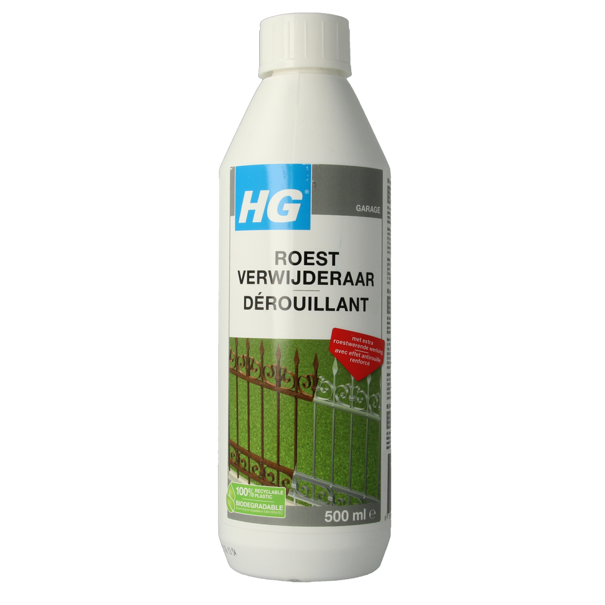 HG Roest verwijderaar 500ml schoonmaakmiddel in een witte fles met groen en blauwe etiketten, geschikt voor roestverwijdering.