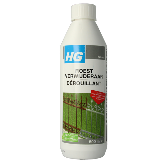 HG Roest verwijderaar 500ml schoonmaakmiddel in een witte fles met groen en blauwe etiketten, geschikt voor roestverwijdering.