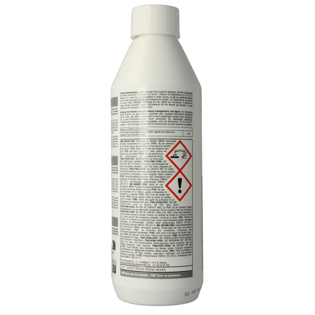 HG Roest verwijderaar in een 500 ml fles, geschikt voor het verwijderen van roestvlekken uit diverse oppervlakken.