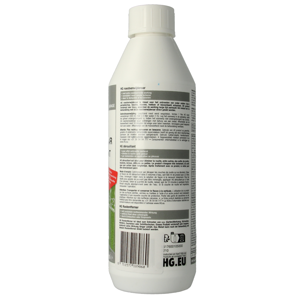 HG Roest verwijderaar 500ml, rust verwijderingsmiddel in een groene fles voor effectief roestvrijmaken en schoonmaken van metalen.