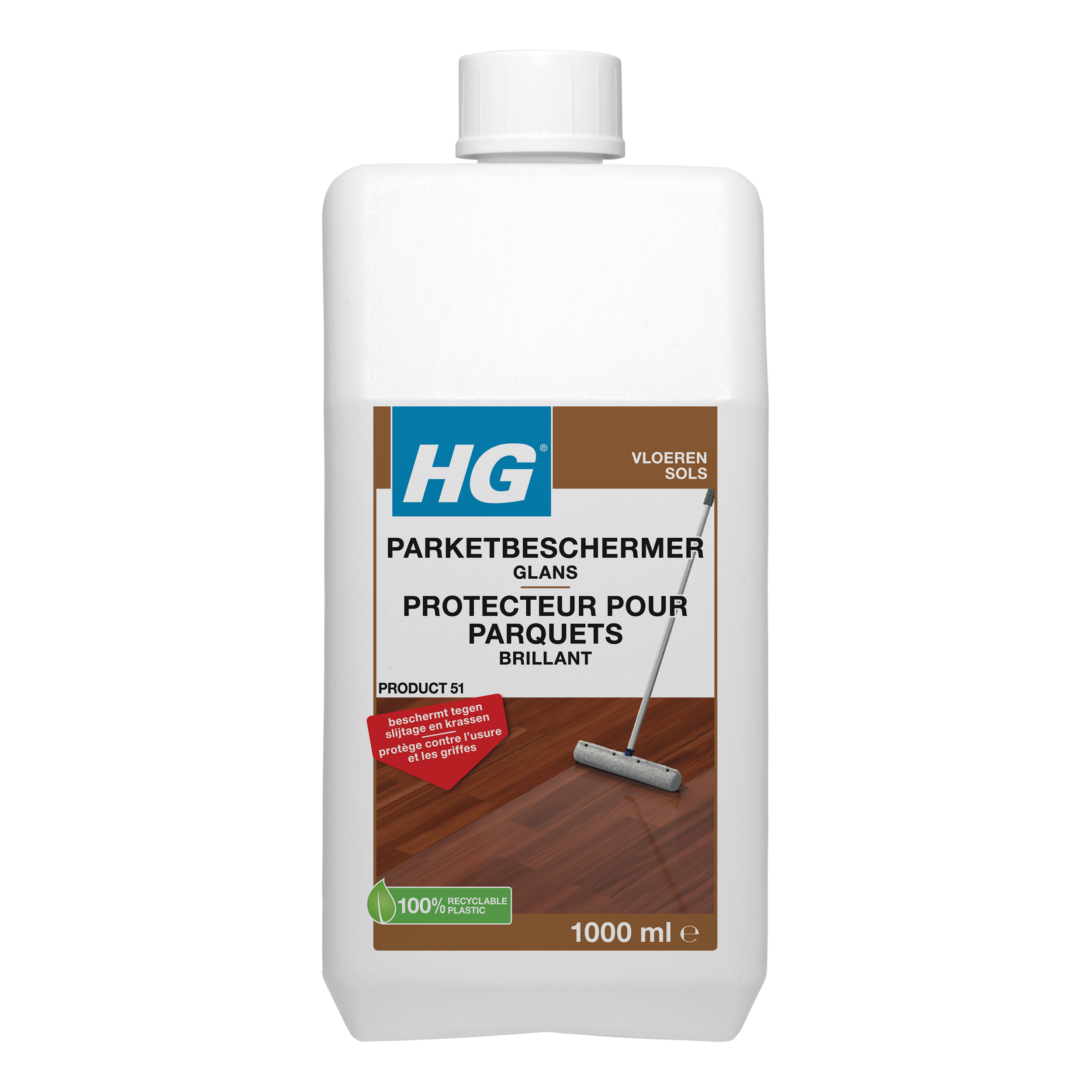 HG Parket beschermer glans 1.00 liter, a cleaning product in a spray bottle designed to protect and add shine to wooden floors.