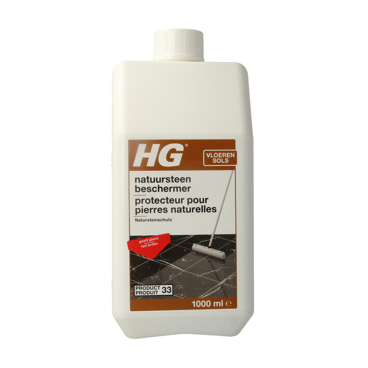 HG Natuursteen beschermer glans 1.00 liter bottle, natural stone protector and gloss enhancer, in a clear spray bottle.