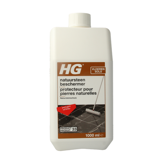 HG Natuursteen beschermer glans 1.00 liter bottle, natural stone protector and gloss enhancer, in a clear spray bottle.