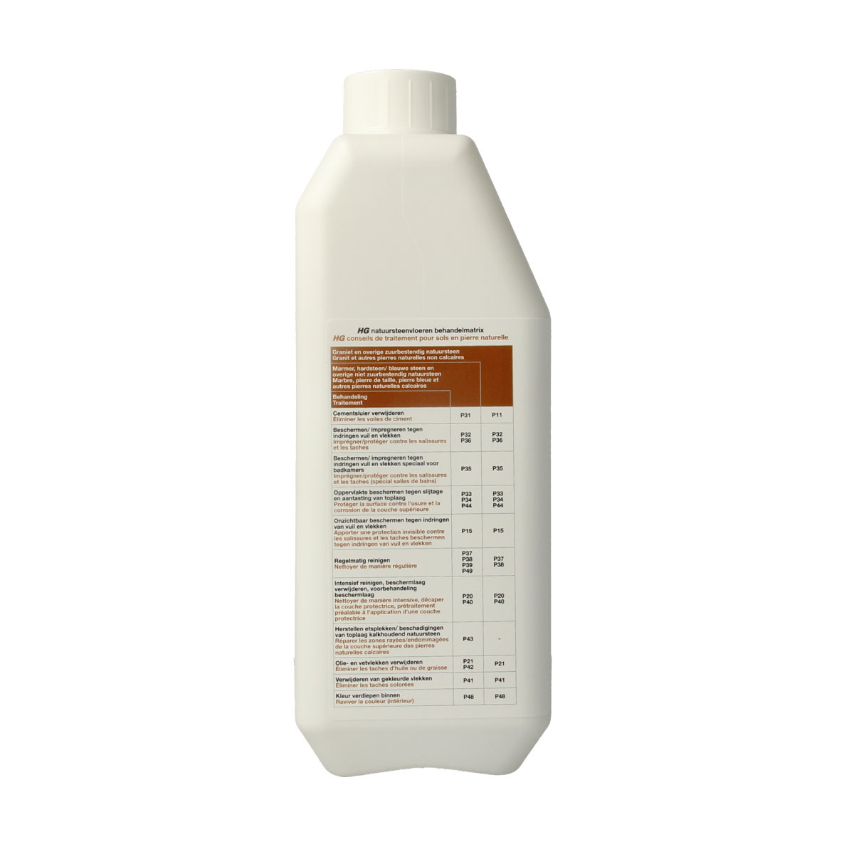 HG Natuursteen beschermer glans cleaner for natural stone surfaces, in a 1-liter bottle, with a clear label and spray nozzle.