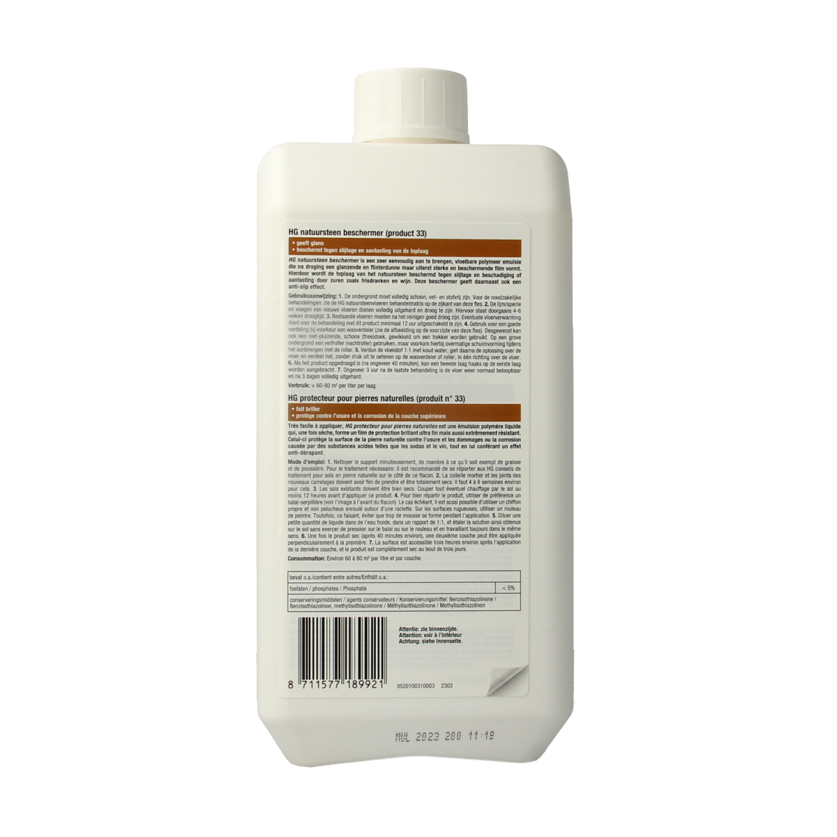 HG Natuursteen beschermer glans in 1 liter bottle, natural stone surface protector and cleaner for maintaining shine.