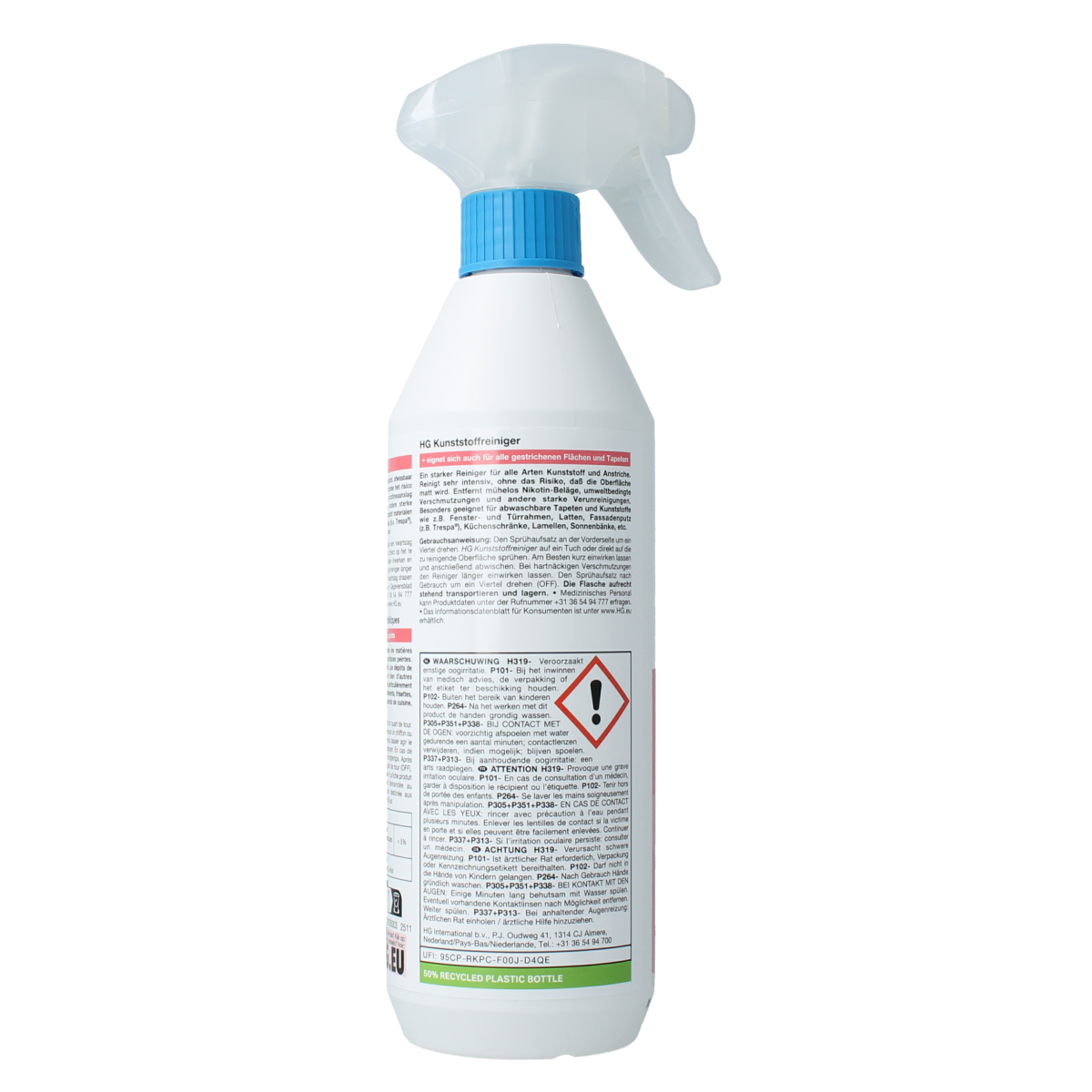 HG kunststof reiniger 500ml bottle, a cleaning product for plastic surfaces with a clear label and cap.