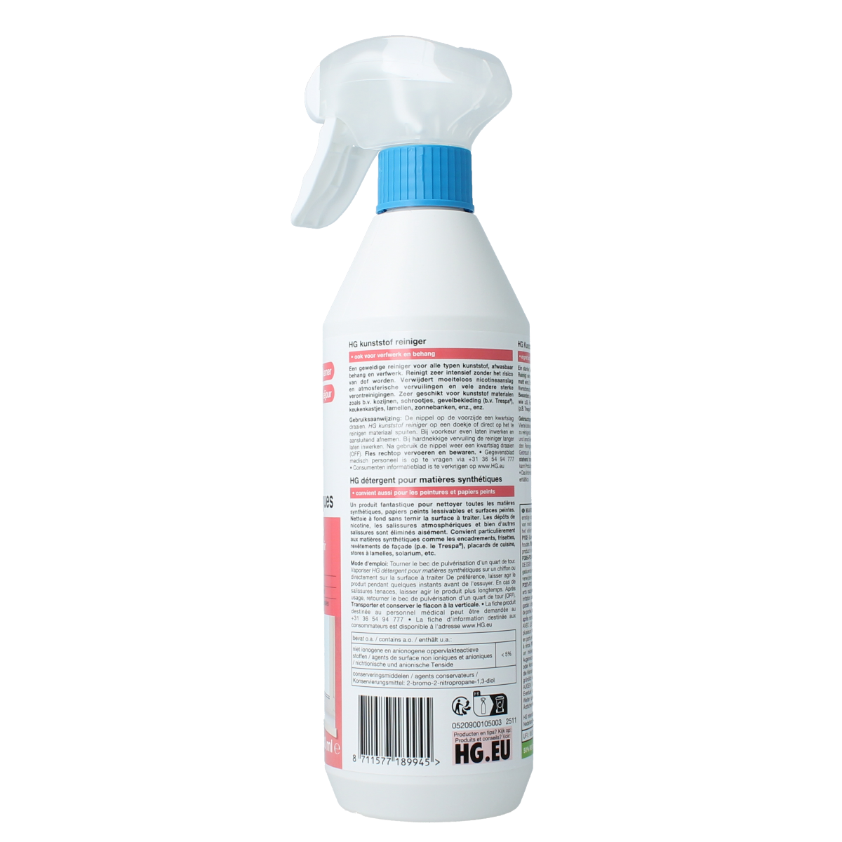 HG kunststof reiniger 500ml bottle for cleaning plastic surfaces, shown in the image.
