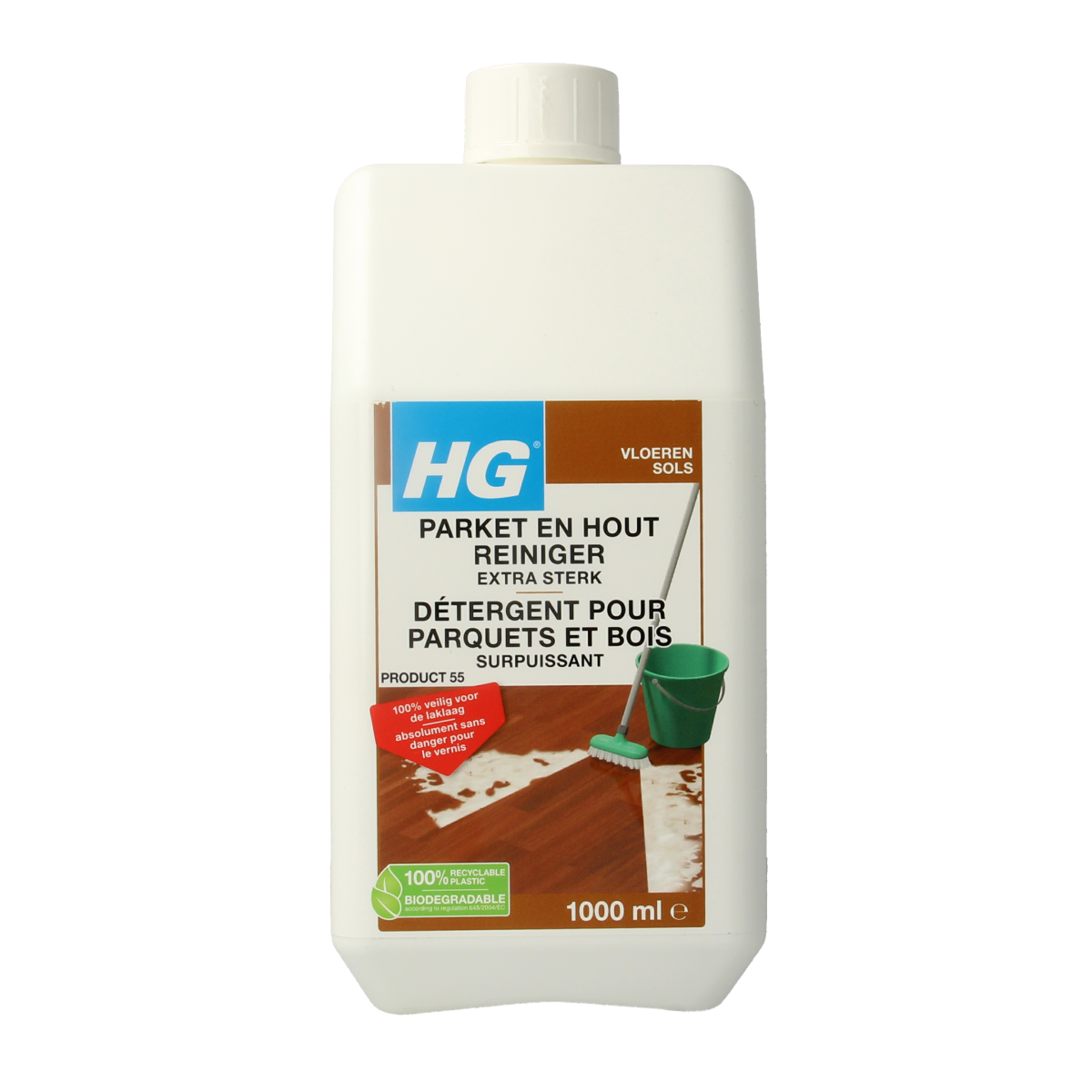HG Parketreiniger extra sterk 1L in een fles, geschikt voor intensieve schoonmaak van houten vloeren.