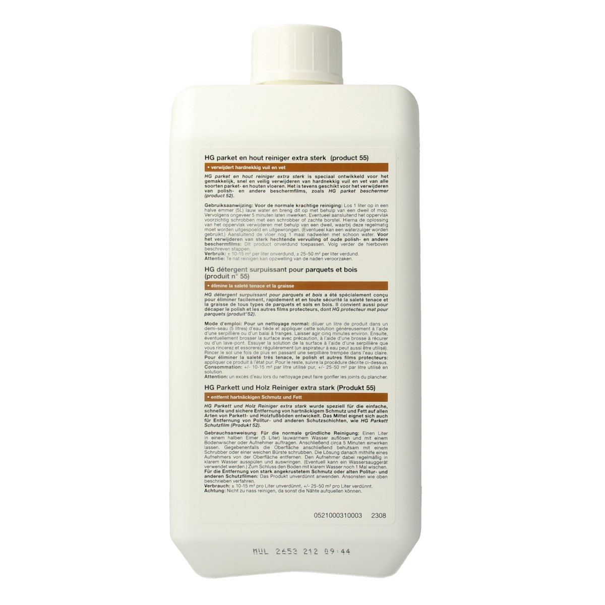 HG extra sterk parketreiniger 1 liter in een schoonmaakemmer, geschikt voor diepe reiniging van houten vloeren.