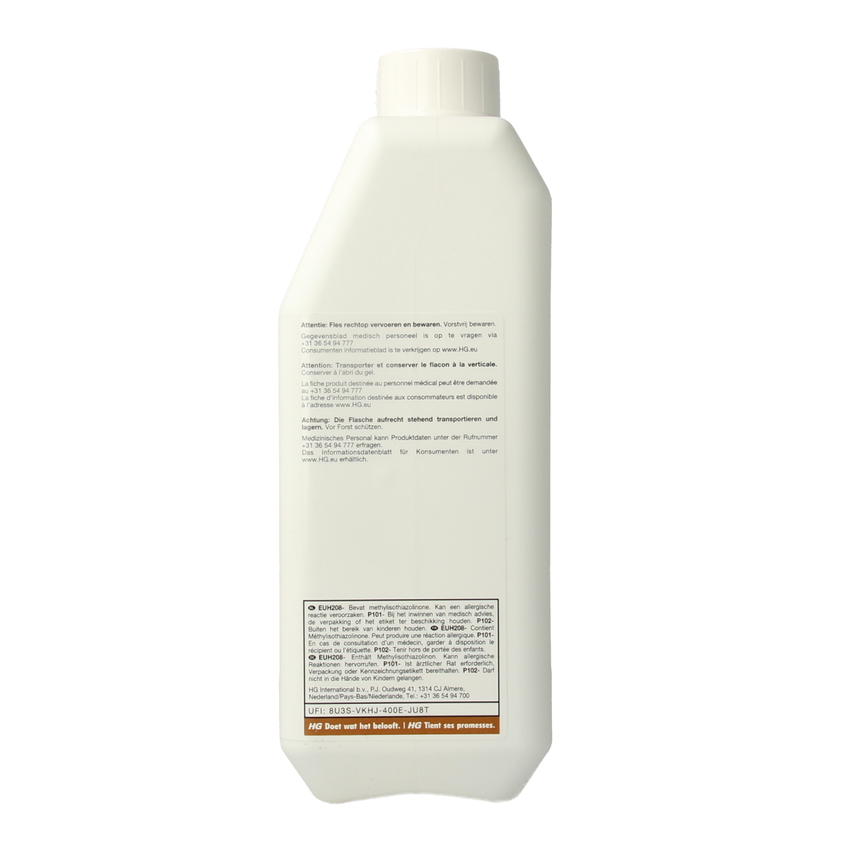 HG extra sterk parketreiniger in 1-liter bottle, a hardwood floor cleaning product from HG for deep cleaning and shine.