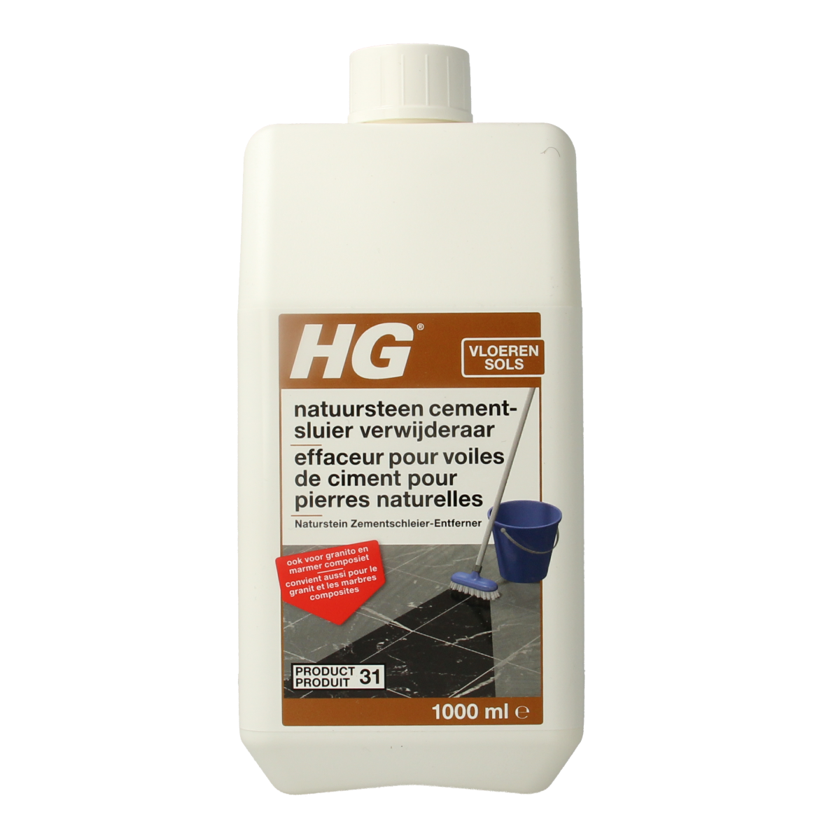 HG Natuursteen cementsluier verwijderaar 1L bottle for removing cement stains from natural stone surfaces in cleaning products.