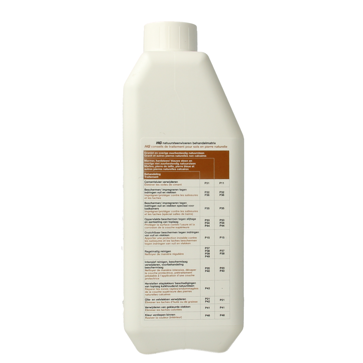 HG Natuursteen cementsluier verwijderaar in 1 liter, cleaning product designed to remove cement stains from natural stone surfaces.