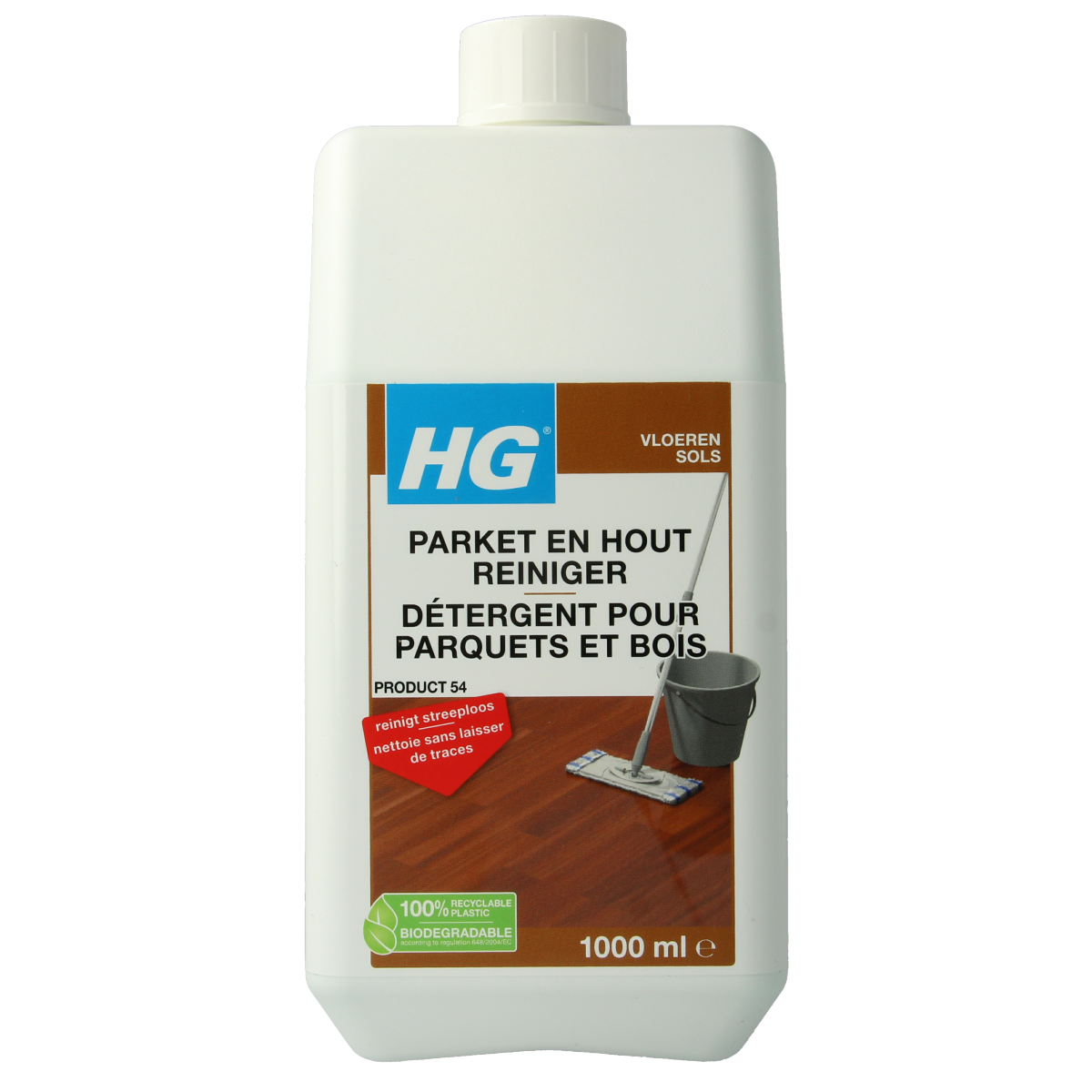 HG Parketreiniger 1L floor cleaner in a spray bottle, designed for hardwood and parquet flooring cleaning.