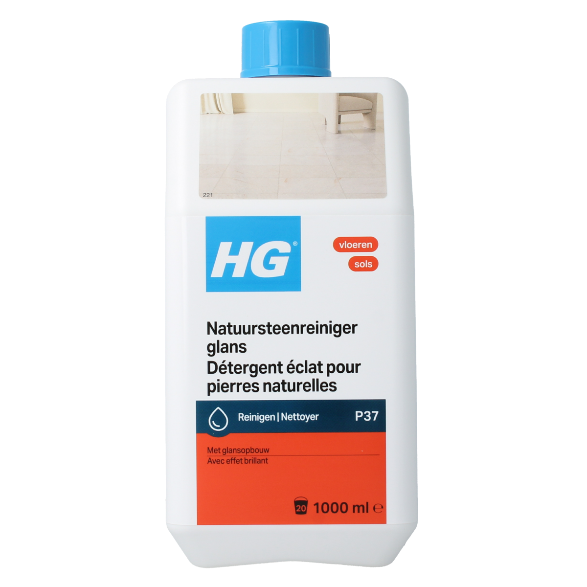 HG Natuursteen reiniger glans in 1 liter bottle, natural stone cleaner for a shiny, clean surface, product image showing the packaging.