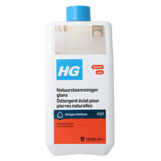 HG Natuursteen reiniger glans in 1 liter bottle, natural stone cleaner for a shiny, clean surface, product image showing the packaging.