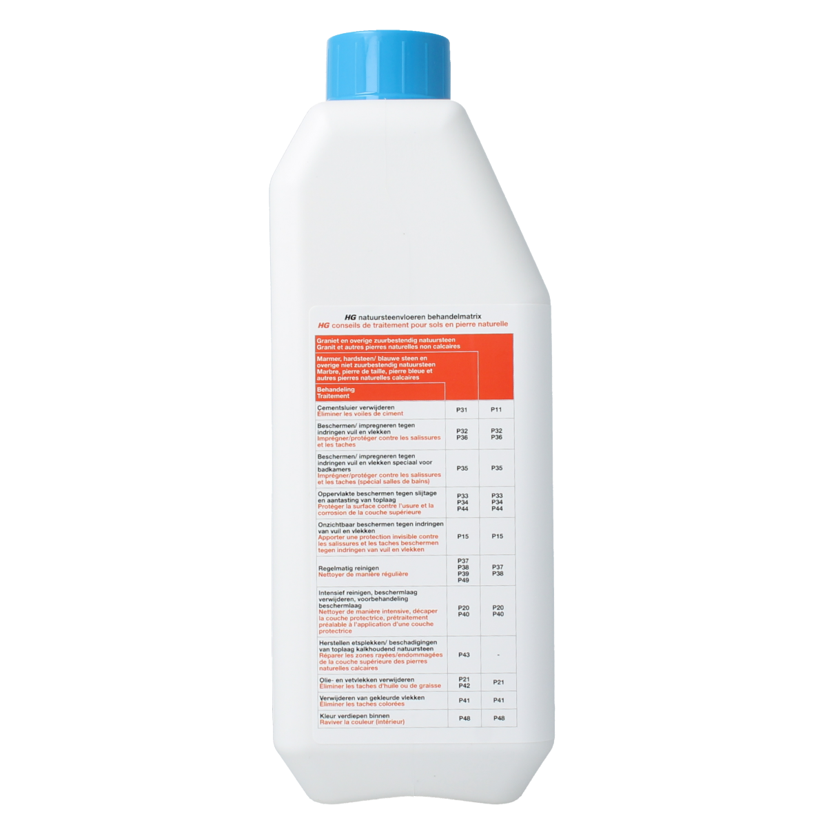 HG Natuursteen reiniger glans 1L bottle, natural stone cleaning product with shine for durable surfaces, in a clear plastic container.