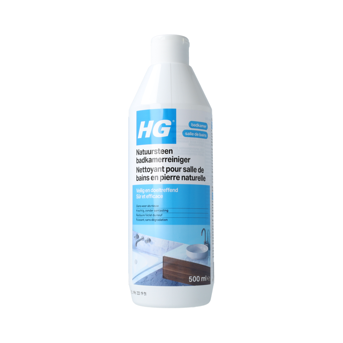 HG Natuursteen badkamer reiniger 500ml bottle for natural stone surfaces, ideal for cleaning and maintaining bathroom tiles.