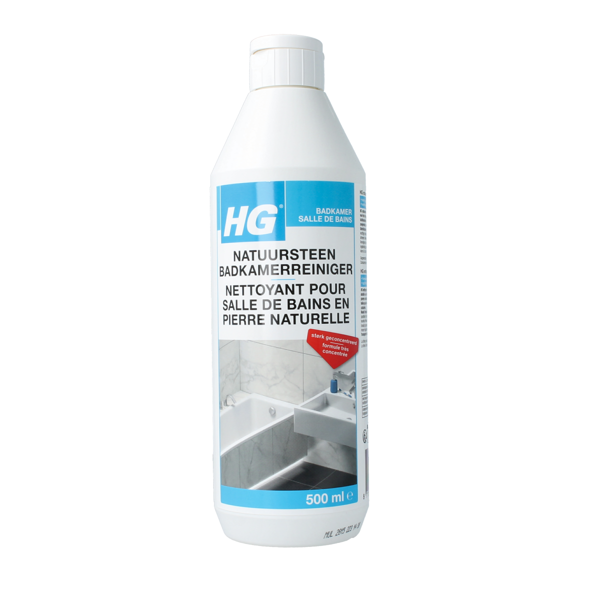 HG Natuursteen badkamer reiniger in 500ml bottle, natural stone bathroom cleaner with spray nozzle, suitable for natural stone surfaces.